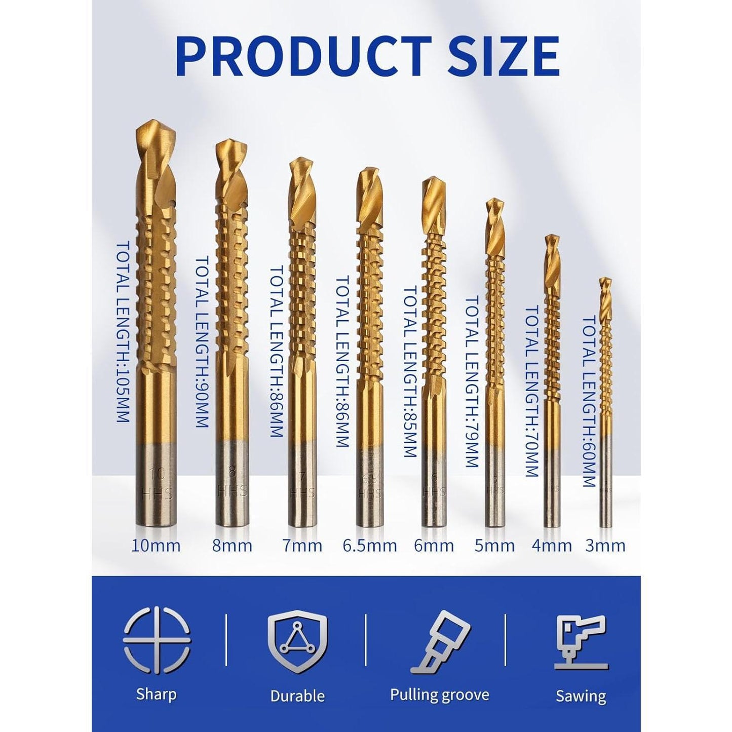 8 Pack Titanium Coated HSS Twist Drill Bits
